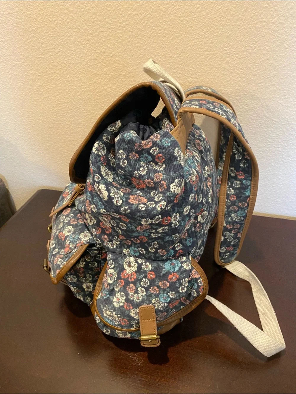 Vintage Y2K 90s MUDD Canvas Floral Print Boho Backpack Satchel Bag Faux Leather